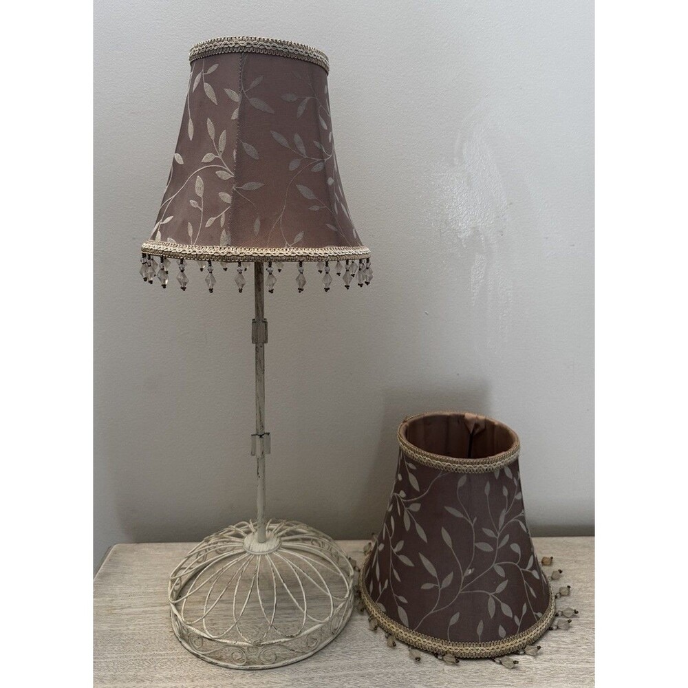 Set of 2 VTG Brown Floral Lamp Shades Beaded Fringe Shabby Chic Silk Style 10"